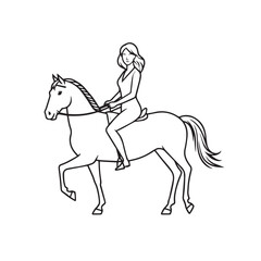Black and white line art of a beautiful woman with perfect body riding horse elegant minimalist illustration