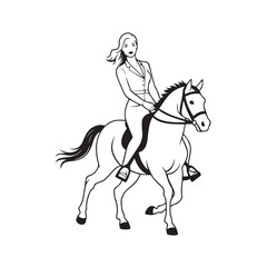 Black and white line art of a beautiful woman with perfect body riding horse elegant minimalist illustration