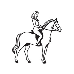 Black and white line art of a beautiful woman with perfect body riding horse elegant minimalist illustration