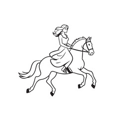 Black and white line art of a beautiful woman with perfect body riding horse elegant minimalist illustration