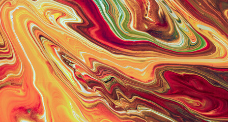 Colorful abstract fluid painting with vivid marbled swirls in warm tones.