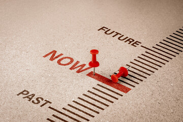 Red pin mark on paper background to highlight the word Now. Concept for focusing on current affairs, business trends, and popular technology.