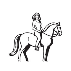Black and white line art of a beautiful woman with perfect body riding horse elegant minimalist illustration