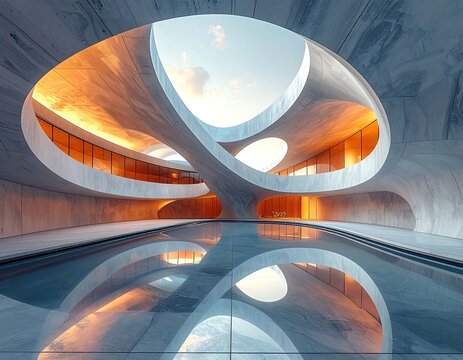 Abstract architectural design, modern concrete structure with a pool
