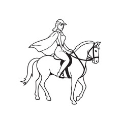 Black and white line art of a beautiful woman with perfect body riding horse elegant minimalist illustration