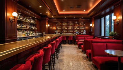 Luxurious bar interior with rich wood paneling, plush red velvet seating. Features long brass countertop bar, extensive liquor bottle displays, ambient lighting, marble floors. Offers sophisticated