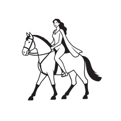Black and white line art of a beautiful woman with perfect body riding horse elegant minimalist illustration