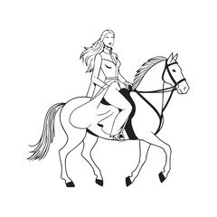 Black and white line art of a beautiful woman with perfect body riding horse elegant minimalist illustration