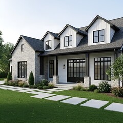 Modern farmhouse with stone exterior and pathway