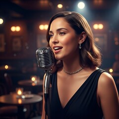 Female jazz singer performing on stage with a retro microphone