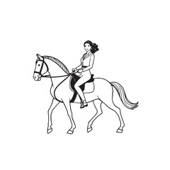 Fototapeta premium Black and white line art of a beautiful woman with perfect body riding horse elegant minimalist illustration