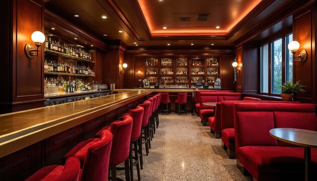 Luxurious bar interior with rich wood paneling, plush red velvet seating. Features long brass countertop bar, extensive liquor bottle displays, ambient lighting, marble floors. Offers sophisticated