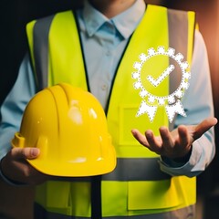 Quality control worker holding hard hat with quality check graphic