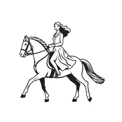 Black and white line art of a beautiful woman with perfect body riding horse elegant minimalist illustration