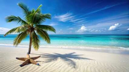 Palm tree stands alone on white sand with Blue Starfish scattered around its feet