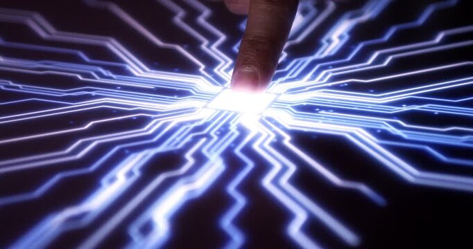 Finger activating illuminated glowing futuristic data communication system. Technoloy Related Footage.