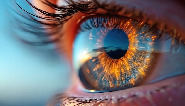 Close-up eye reflects digital cityscape, clouds. Symbolizes future technology, innovation, cyber vision. Futuristic iris pattern with glowing data streams, urban network connectivity.
