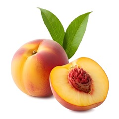 Fresh peach and half peach with pit on white background