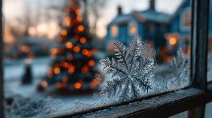 Snowflake on window with Christmas tree in background during winter evening at cozy residential home