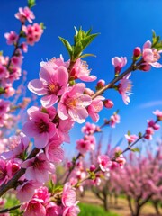 Beautiful peach tree blossoms with vibrant pink flowers against a bright blue sky