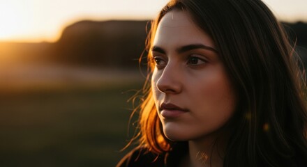 Young Woman Looking Into Distance Bathed in Golden Hour Sunlight Outdoor Portrait