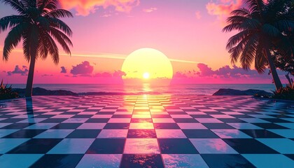 Retro Sunset with Checkered Path and Palm Silhouettes