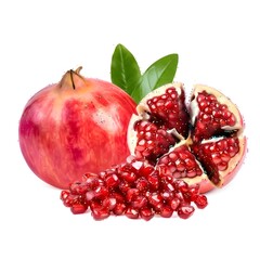 Fresh whole and cut pomegranate with seeds isolated on white background