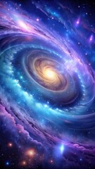 Deep space astronomical purple blue galaxy sky with stars and planets Spiral galaxies twist like cosmic whirlpools