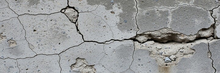 Obraz premium Close-up view of a concrete wall with extensive cracking and surface damage, revealing underlying material and texture.