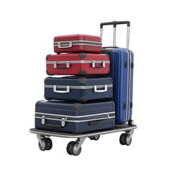 Stack of suitcases on a luggage cart isolated on white background