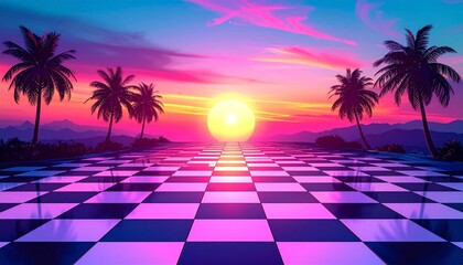 Naklejka premium Retro Sunset with Checkered Path and Palm Silhouettes
