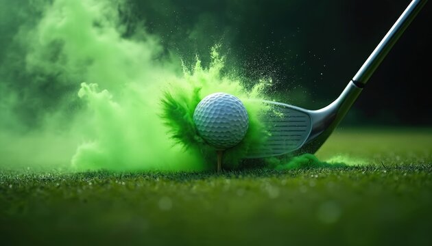 Golf ball mid-air after club impact creates vibrant green smoke explosion on grassy course. Dynamic action shot captures energy, precision, power of golf swing. Athlete precise shot, strategy, sharp