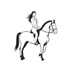 Black and white line art of a beautiful woman with perfect body riding horse elegant minimalist illustration