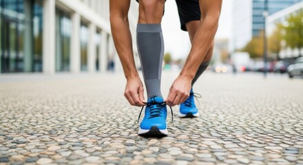 Runner Tying Laces On Blue Athletic Shoes Before Outdoor Training