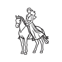 Black and white line art of a beautiful woman with perfect body riding horse elegant minimalist illustration