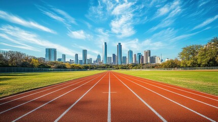 Running track with city skyline in the background under a clear blue sky