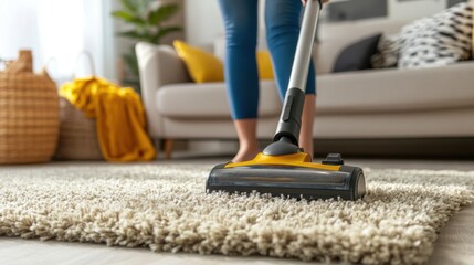Cleaning a living room carpet with a vacuum cleaner on a sunny afternoon
