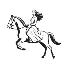 Black and white line art of a beautiful woman with perfect body riding horse elegant minimalist illustration