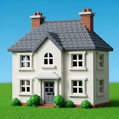 Toy house model on green field against blue sky
