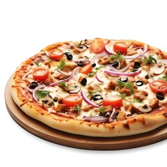 Delicious Italian pizza with tomatoes, olives, onion, chicken and cheese on wooden board isolated on white