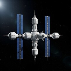 Space station with solar panels orbiting in outer space