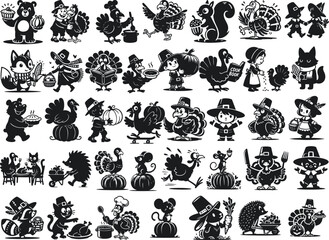 Collection of thanksgiving silhouette icons isolated on white background