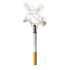 Burning cigarette with smoke on white background