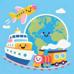 Obraz premium Cartoon Global Travel Vector with Cute Airplane and Ship
