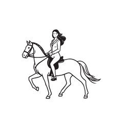 Black and white line art of a beautiful woman with perfect body riding horse elegant minimalist illustration