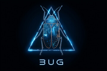 Glowing blue digital beetle inside warning triangle on dark background and text Bug, symbolizing software bug or malware threat