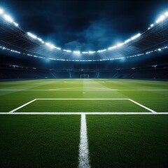 Empty soccer stadium field at night for sporting events