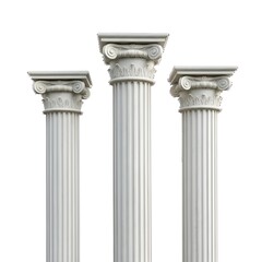 Three white ionic order columns isolated on white background