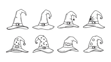 Collection of hand drawn wizard witch hats various styles decorative halloween accessories silhouette