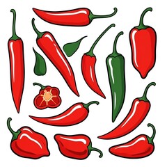Cartoon illustration of red and green chili peppers on white background